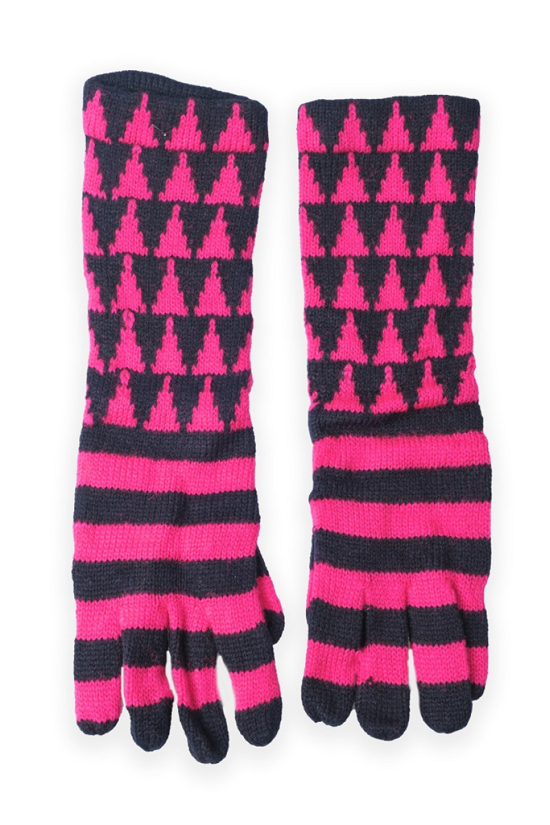 Μακριά ακρυλικά πλεκτά γάντια με γεωμετρικά μοτίβα σε μαύρο φούξια Μακριά ακρυλικά πλεκτά γάντια με γεωμετρικά μοτίβα σε μαύρο φούξια