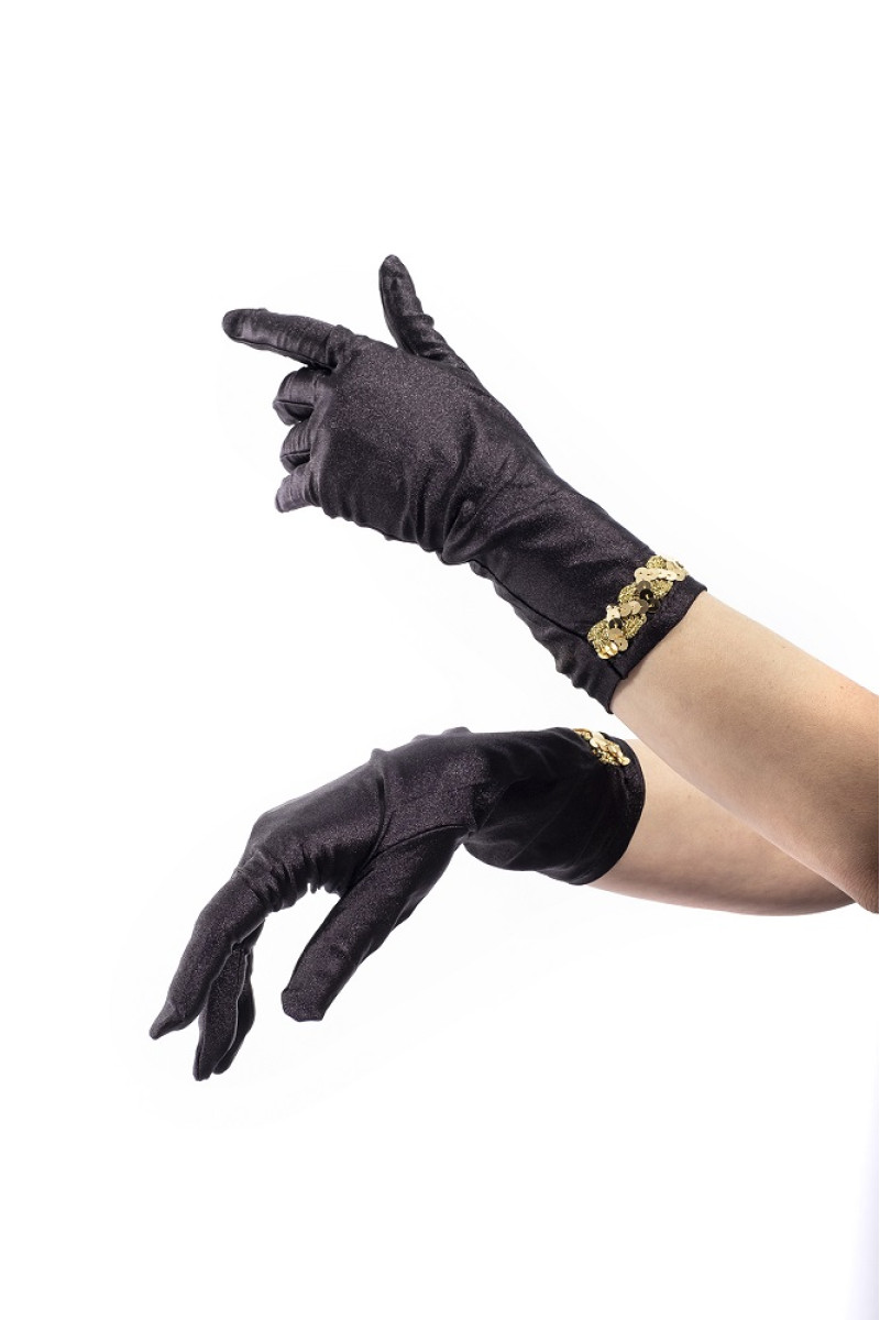Γάντια σατέν μαύρα με χρυσαφί παγέτες 
