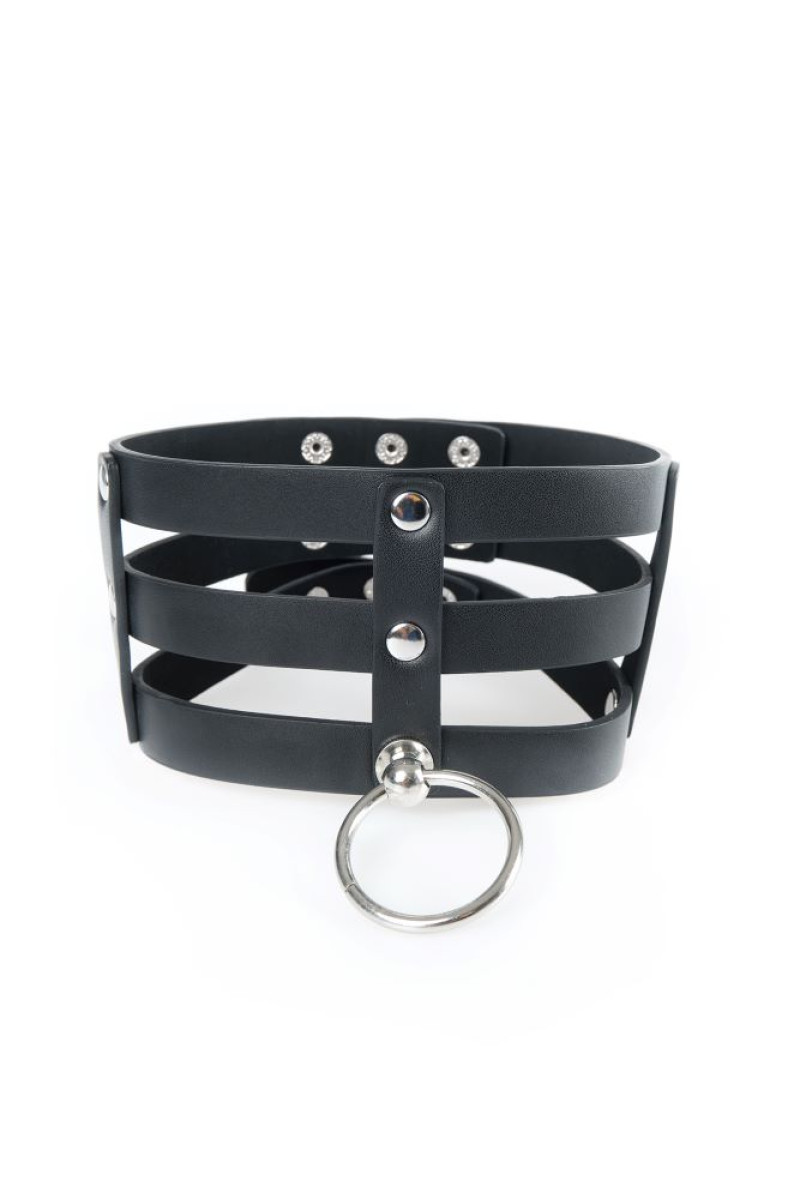 Φαρδύ κολάρο από μαύρη δερματίνη με μεταλλικό κρίκο Φαρδύ κολάρο από μαύρη δερματίνη με μεταλλικό κρίκο