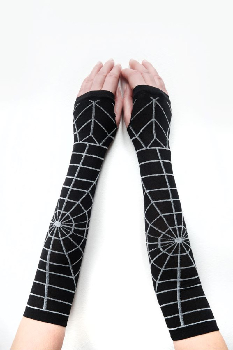 Μαύρα οπάκ μακριά γάντια χωρίς δάχτυλα με τύπωμα ιστό αράχνης Μαύρα οπάκ μακριά γάντια χωρίς δάχτυλα με τύπωμα ιστό αράχνης